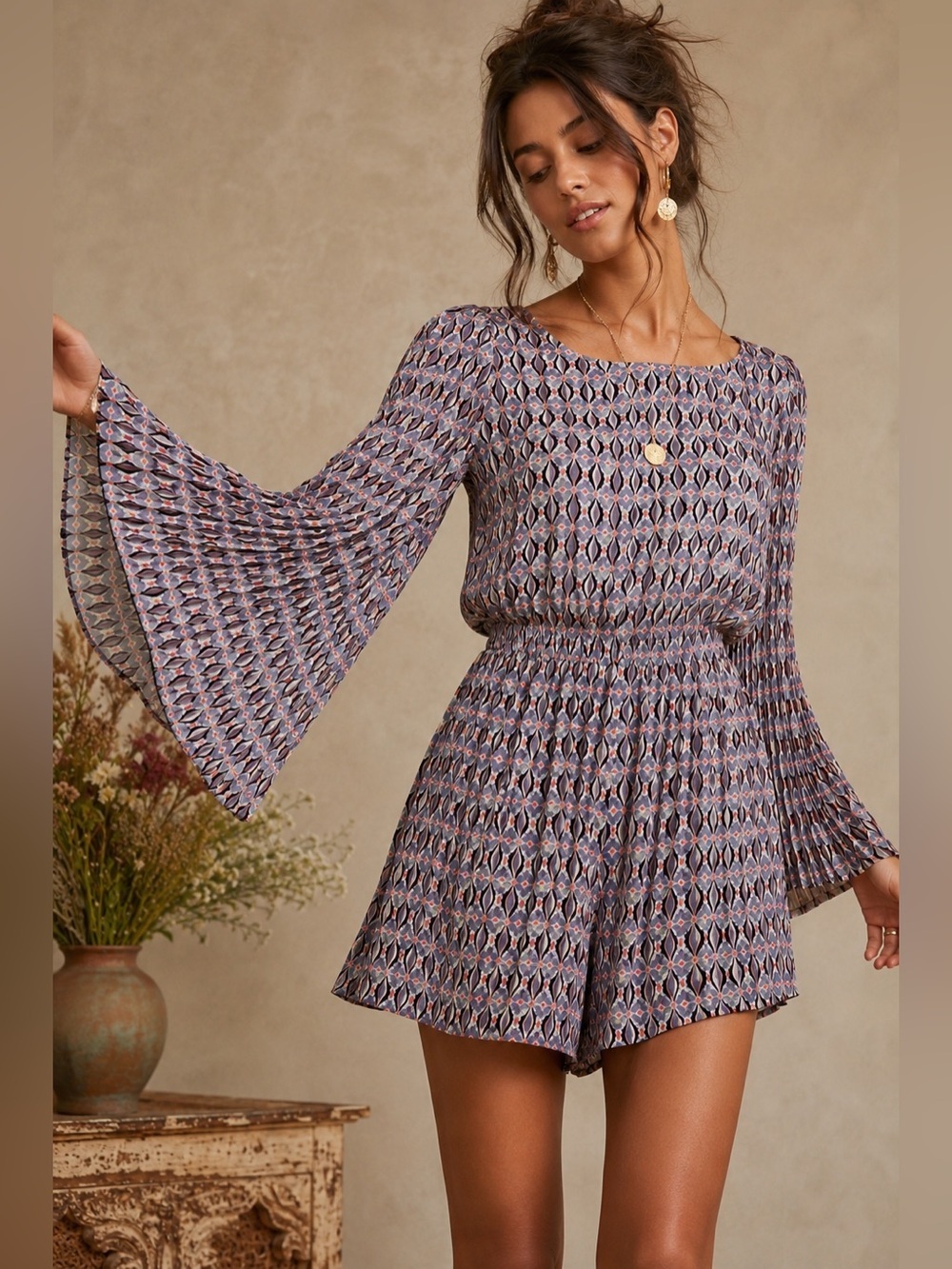 🛍️ 5/$40 Sale Fire Los Angeles Flare Sleeve Geometric Print Boho Romper Size XS